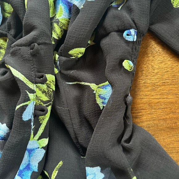 Free People Black Blue Flowers Dress Adjust Cinches & Elastic Waist Back Size M - Picture 5 of 7